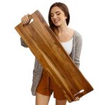 Large Acacia Serving Board with Handles, 36 x 12 Inch Rectangular Charcuterie Platter, Natural Wood Server for Meat, Cheese Board, and Party Appetizers, Extra Long 3ft, Light