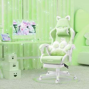 Vigosit Cute Kawaii Gaming Chair with Cat Paw Lumbar Cushion & Cat Ears, PC Game Reclining Chair for Girl, Teen, Kids, Green