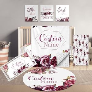 Terwex Personalized Baby Crib Bedding Set, 5 Pcs Custom Name Bedding Crib Sets for Girls Boys - Nursery Bedding Sets for Crib, Soft Toddler Crib Sets for Infant Customized Gifts, Red Rose