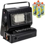 Greenfields Outdoor Gas Heater with 4 Canisters, Portable 1.3kW Camping Heater with Ceramic Burner, Compact Lightweight, Auto Ignition Safety Grill for Patio Garden Caravan, Black