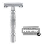 Rockwell Razors R1 Double Edge Safety Razor in White Chrome, Butterfly Open + 5 Swedish Stainless Steel Razor Blades