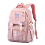 PALAY® BTS Backpack for School Girls 6-12 Years Old Teens Fashion Checked Print BTS School Backpack Large Multi Layer Book Bag Travel Backpack for Teens Students School Gift for Girls, Pink