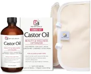 Pure Castor Oil Pack Kit - Large Hexane Free Cold Pressed Castor Oil in Glass Bottle plus Adjustable and Reusable Organic Cotton Castor Oil Wrap Kit for Detox & Wellness Practices (1 of Each)