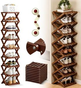 9 Tier Bamboo Shoe Rack, The 9-Tier No-Assembly Bamboo Rack, 2026 Upgraded Foldable Space-Saving Corner Organizer for Shoes, No Assembly Narrow Shoe Shelf for Entryway Closet Dorm (Brown, 9 Layers)