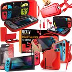 Switch Accessories, Orzly Essentials Pack for Nintendo Switch (Bundle Includes: Glass Screen Protectors, USB Charging Cable, Console Pouch, Cartridge Case, Comfort Grip Case, Headphones) - RED