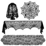 Boao 4 Pieces Halloween Decorations Sets, Halloween Tablecloth Spooky Bat Spiderweb Lace Rectangular Tablecloth, Round Lace Table Cover, Halloween Lamp Shades and Fireplace Scarf Cover (Style Set 1)