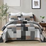 SahSahCasa Quilt King Size, King Quilt Set, 100% Cotton King Quilt Bedding Set Bedspread, Farmhouse Patchwork Quilt, Plaid Reversible Lightweight Rustic Comforter, Grey Black Brown White, 3 Pieces