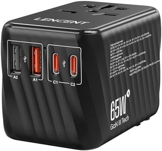 LENCENT Universal Travel Adaptor, 65W GaN International Fast Charger with 2 PD3.0 Type C+2 QC USB A, Worldwide Power Adaptor for Phones,Laptops, All in One Travel Plug Adapter for EU/USA/UK/AU, Black