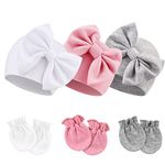 DRESHOW Newborn Baby Hats Mittens Set Hospital Hat Beanie Infant Bow Hats Baby Cotton Gloves No Scratch Mittens for 0-6 Months