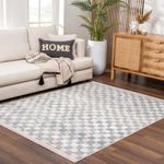 Hauteloom Benjy Living Room, Checkered Bedroom Area Rug - Farmhouse - Cream, Silver Blue - 7'10" x 10'