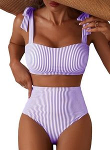 Herseas Women's Striped Adjustable Tie Shoulder Bikini Set Full Coverage Swimsuits High Waisted Two Piece Bathing Suits Flattering Stretchy Cruise Essentials XX-Large