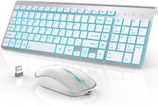 J JOYACCESS Wireless Keyboard and Mouse Combo with 7 Backlit Options,Quiet Light Up Keys,Type-C Rechargeable,Sleep Mode-2.4G Silent Portable Cordless Combo for Laptop/PC/Computer/Mac(White+Sliver)