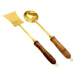 Planto Living Pure Brass Ladle (Golchi) & Turner (Palta) with Wooden Handle for Cooking Purpose Pital Non Stick & Serving Kitchen Tools Flip Spatulla Ladle Salad Lead Free Premium Turner