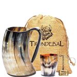 Thor Horn Drinking Horn Mug with Acrylic Base - Genuine Handcrafted Viking Horn Cup for Mead, Ale and Beer - Original Medieval Stein Mug with Burlap Gift Sack