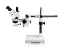 Walter Products WP-3F-IFR07 Trinocular Zoom Stereo Microscope, 10x Widefield Eyepiece, 0.7x—4.5x Zoom Range, 7x—45x Magnification Range, Single Arm Boom Stand, 144-LED Ring Light with Intensity Control