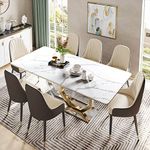 POVISON Modern Dining Table, 63'' Marble Dining Room Table for 4-6, White Dining Table with Brass Hexagonal Base, Rectangular Faux Marble Tabletop(Dining Table Only