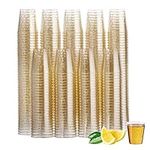 MATANA 300 Clear Plastic Shot Glasses with Gold Glitter, 30ml - Gold Jelly Shots, Jello & Tequila Shots, Sample Tasting Cups - Birthdays, Weddings, BBQ, Parties - Sturdy & Reusable