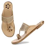 Shoegazing Kolhapuri Chappal for Women Stylish, Flat Fashion Sandals & Ethnic Slippers for Girls| COMFORTABLE BRANDED SANDALS FOR WOMEN (GOLDEN, UK Footwear Size System, Adult, Women, Numeric, Medium, 8)