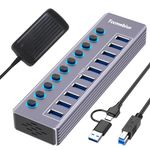 Tccmebius Powered 10-Port USB 3.0 Hub, USB C to 10 Ports USB Data Hub Splitter with Individual LED On/Off Switche, 3.3FT Cable, 12V/3A Power Adapter, for Laptop MacBook Pro/Air PC (Aluminum Gary)