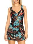 RELLECIGA Retro Collection –Women's Leaf Pattern Ruched Tummy Control One Piece Skirt Swimsuits Size Large