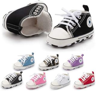 Meckior Baby Girls Boys Canvas Sneakers Soft Sole High-Top Ankle Infant First Walkers Crib Shoes, A02/Black With Fleece, 6-12 Months Infant