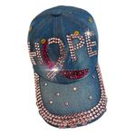 Popfizzy Bling Baseball Cap for Women and Girls, Fun Bedazzled Hats, Shiny Rhinestone Denim and Diamond Hat, Sparkly Gifts, Breast Cancer (Light Blue Denim), One Size