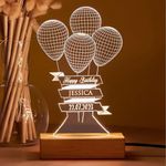 Artistic Gifts Personalized 3D Illusion LED Table Birthday Lamp | Balloon Shape Customized Name Lamp for Birthday Gift Anniversary, Teacher Day, Special Day. - Wooden Base, Warm White Light.