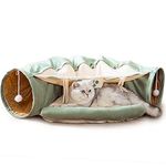 Cat Tunnel Bed with Cushion Mat, Cat Tunnel Toy Play Center with Collapsible Tube and Removable Thick Bed and 2 Hanging Scratching Balls, Peak Hole Hideout House for Cat Puppy Kitten (Green)