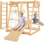 Belleur 8 in 1 Large Indoor Playground Jungle Gym, Wooden Montessori Climber Playset with Slide, Climbing Rock/Net, Rope Ladder, Monkey Bars, Swing, Hanging Ring, Climbing Toy for Toddler Inside