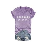 MOGUI Stronger Than The Storm V Neck Shirt Inspirational Letter Print Tee Shirts, Purple, Small