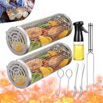 Rolling Grilling Baskets, 2Pcs Outdoor Grills BBQ Net Tube, Upgrade Stainless Steel Grill Mesh, Outdoor Rolling BBQ Basket, Portable Grill Nets Cylinder, Barbecue Cooking Accessories for Veggies, Fish, Meat, Fries (2 Pcs-Set with 2 Baskets & 2 Rings & 2 Hooks & 1 Oil Spray Bottle & 3 Forks)