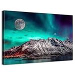 Northern Lights Wall Art for Living Room Grey Snow Mountain Wall Decor Full Moon Canvas Pictures Aurora Borealis Scenery Prints Painting Modern Artwork for Bedroom Office Home Decorations 12x16"