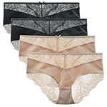 LIQQY Women's Cotton Underwear Full Coverage Panty Invisible Soft Lace Back Briefs Ladies Hipster Underpants Multipack (Black/Nude, Large)