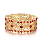 BriLove Wedding Bridal Bracelet for Brides, Women's Round Crystal Bangle Diamond Stretch Tennis Bracelet Ruby Color Gold-Tone