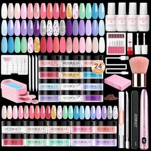 AzureBeauty Dip Powder Nail Kit with Electric Nail Drill 24 Colors Spring Summer Macarons Purple Pink Nail Starter Kit with Dip Liquids Base Top Coat Activator Portable French Art Essential Easter Set