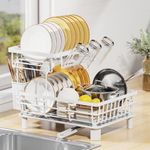 LIONONLY Dish Drying Rack, 2 Tier Dish Rack, Auto-Drain, Space-Saving Dish Drainer Rack Set, Dish Strainers for Kitchen Counter, Kitchen Drying Rack with Fork Holder, White