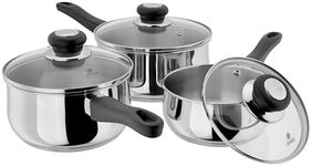 Judge Vista Set of 3 Stainless Steel Pans, 16cm, 18cm & 20cm Saucepans, Shatterproof Vented Glass Lids, Induction Ready, Oven Safe
