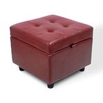 H&B Luxuries Tufted Leather Square Flip Top Storage Ottoman Cube Foot Rest (Red with Storage)