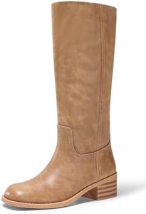 Coutgo Women's Knee High Boots Square Toe Chunky Block Heel Tall Boots Comfortable Low Heel Shoes, Light Brown, Size 9.5
