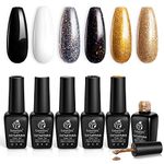 Beetles Black Gold Glitter Gel Nail Polish Set - 6 Colors Black White Silver Rose Gold Glitter All Season Gel Polish Kit Soak Off Nail Lamp Gel Kit Gel Nail Art