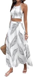 Verdusa Women's 2 Piece Outfits Beach Vacation Outfits Tropical Print Tie Back Cami Top and Split Maxi Skirt Set White X-Small