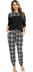 Vlazom Women's Pyjama Sets V-Neck Soft Long Sleeve Top & Plaid Pant Pjs Set Sleepwear with Pockets Drawstring,Black Plaid, XXL