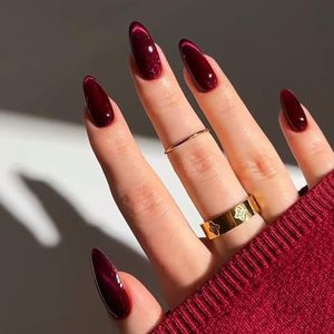 24Pcs Cat Eye Press On Nails, Medium Almond Glossy Fake Nails, Pure Elegant False Nails with Jelly Glue & Nail File, Reusable Full Cover Stick On Nails for Women Daily Party(Style 6)