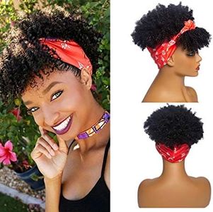 KXW Perruques Bandeau Rouge pour Femmes Noires, Perruque Afro bouclée crépus bouclés, 2 en 1 Perruque Bandeau Cheveux Chignon Turban synthétique Haute bouffée Perruque (Bandeau Rouge Perruque Noire)