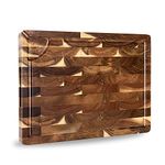 TJ POP End Grain Chopping Board for Kitchen, Premium Acacia Wood Cutting Board with Built-in Handles, Thick Butcher Block with Juice Groove, Medium Serving Board for Cheese, Bread, 15"x11"x1.2"