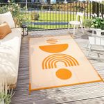 Lahome Outdoor Plastic Straw Rug 5x8 Carpet Waterproof Camping Rugs for Outside Your Rv, Reversible Sun Design Patio Rug for Porch Backyard Balcony Deck Picnic, Orange & White