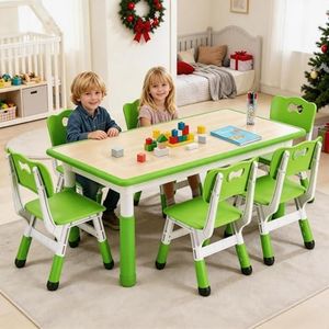 Garvee Kids Table and 6 Chair Set,47 in Modern Height Adjustable Toddler Table and 6 Chairs Set with Non-Slip Desk Legs&Organizer Graffiti Desktop,Preschool Activity Art Craft Tables for 6(Green)