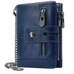 REETEE Mens Wallet RFID Blocking Men's Genuine Leather Wallet and Zipper Coin Pocket Bifold Purse with Chain 16 Credit Card Holder Genuine Leather Gents Wallets Slim Purse (Navy Blue)