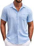 COOFANDY Men's Short Sleeve Button Down Shirts Summer Wear No Tuck Shirts for Men Light Blue