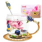 Homtibrm Birthday Gifts for Women Her Mom Teacher Friends Enamel Flower Tea Cup Glass Coffee Mug Gifts for Women Birthday,Mother's Day,Anniversary (Blue-Rose)